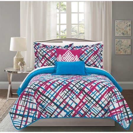 FIXTURESFIRST 4 Piece Marty Reversible Quilt Set - Fuchsia, Blue & White - Twin & Twin XL Size FI2541942